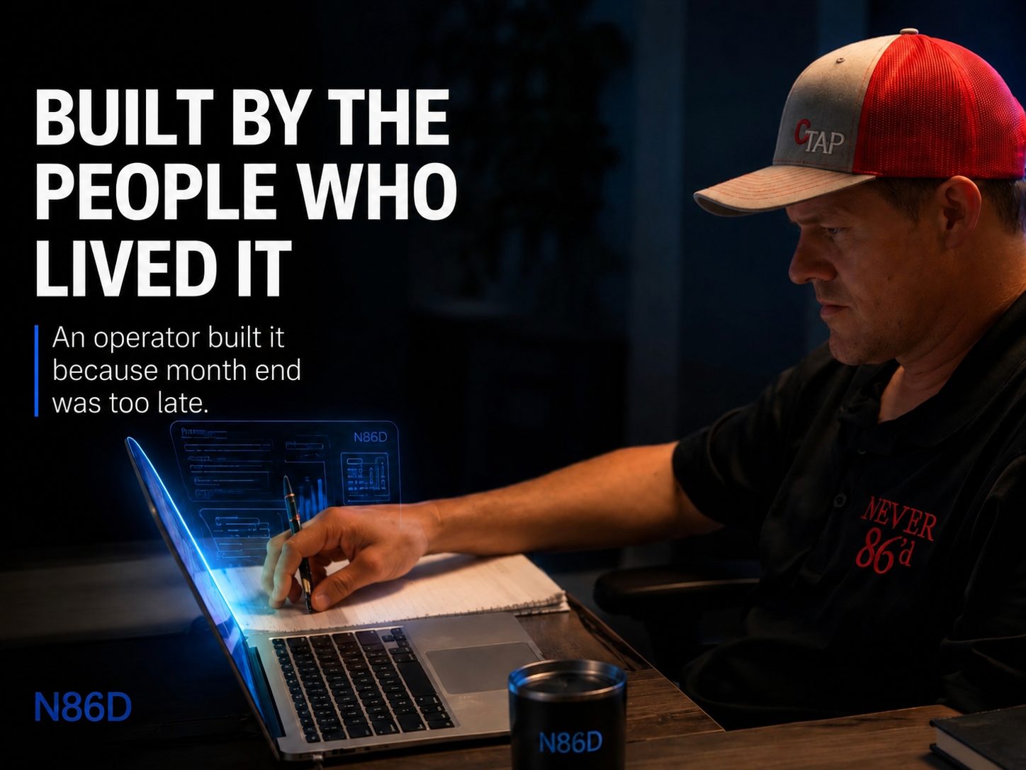 Myke at the laptop after close — built by the people who lived it
